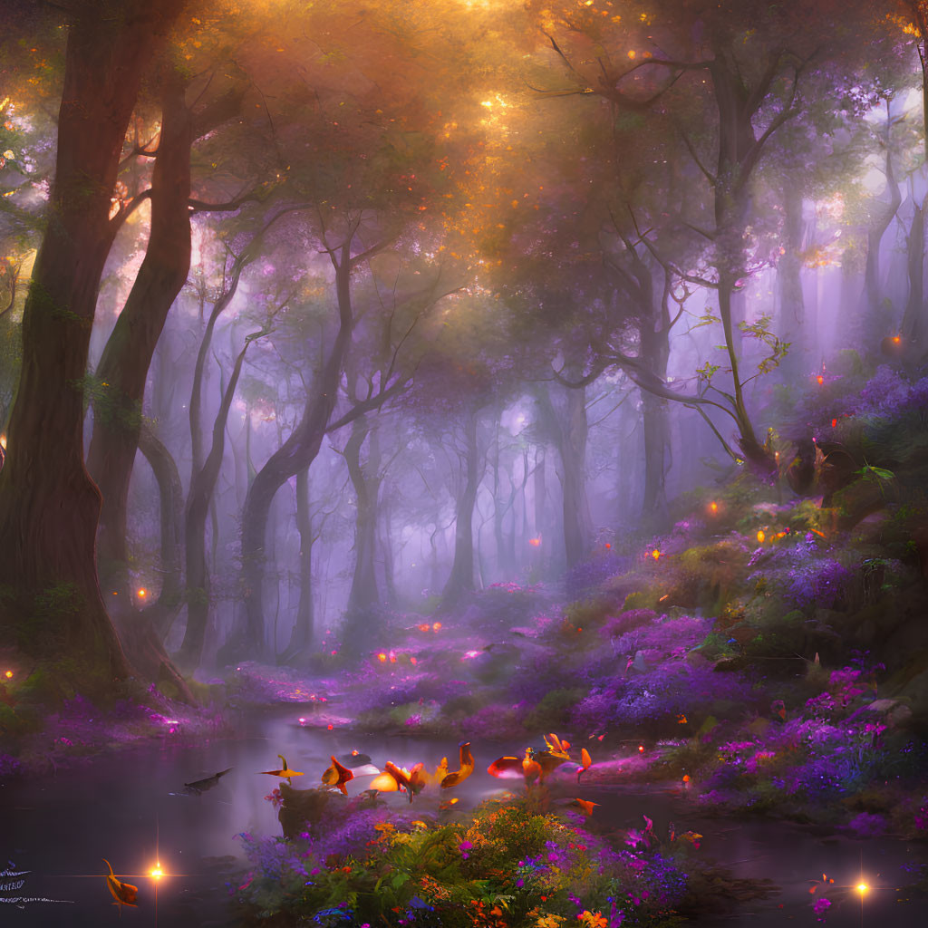 Ethereal purple-hued forest scene with mist, glowing lights, stream, ducks, and blo