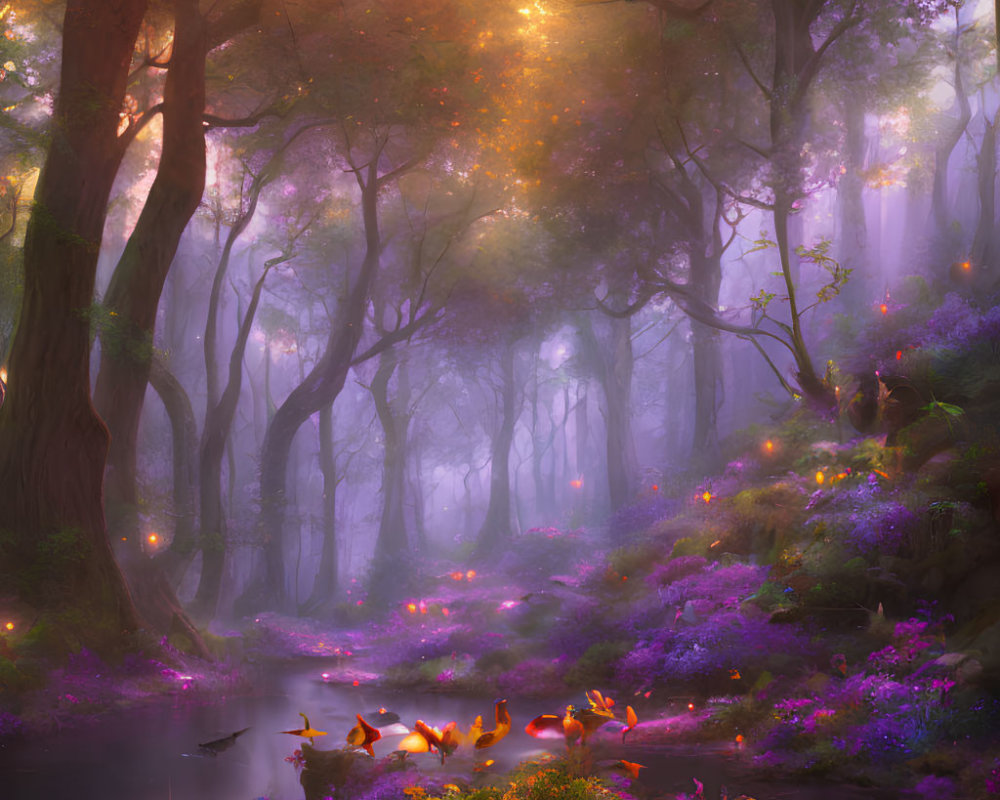 Ethereal purple-hued forest scene with mist, glowing lights, stream, ducks, and blo