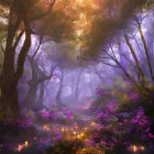 Ethereal purple-hued forest scene with mist, glowing lights, stream, ducks, and blo