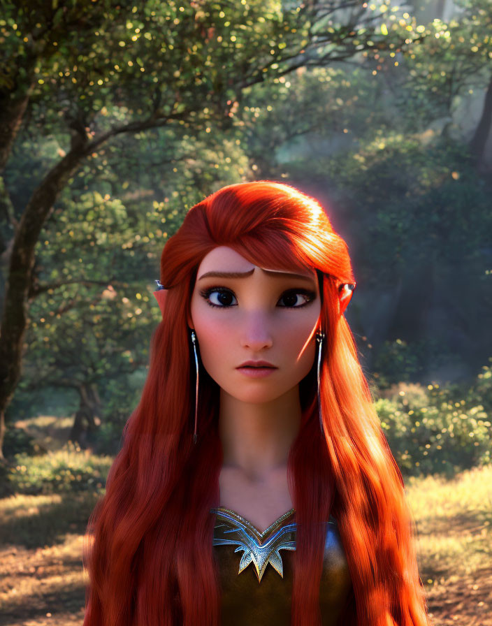 Red-haired animated female character with pointed ears in forest setting