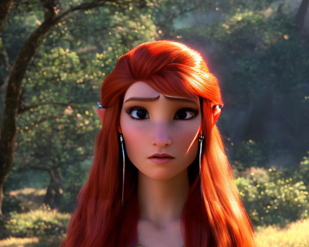 Red-haired animated female character with pointed ears in forest setting