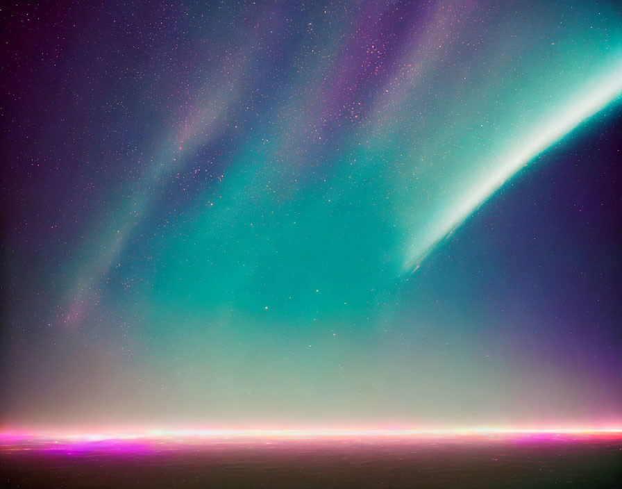 Vibrant comet streaks across starry sky with pink and purple horizon