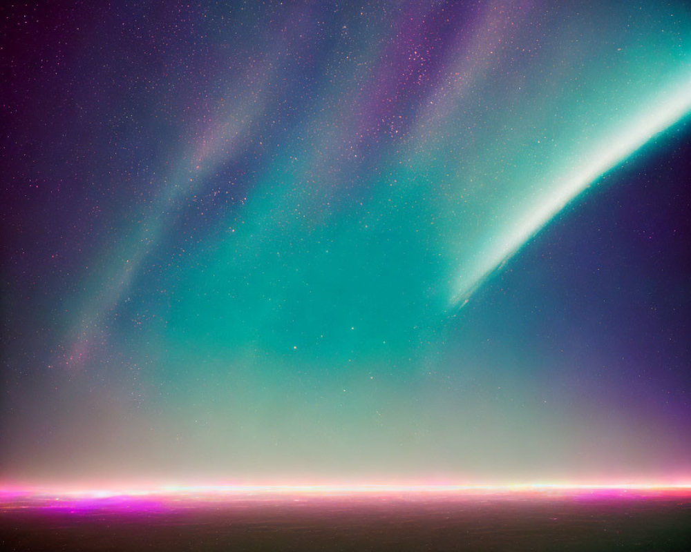 Vibrant comet streaks across starry sky with pink and purple horizon