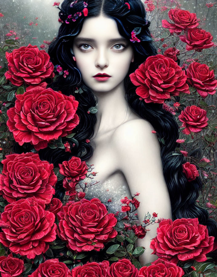 Pale Woman with Dark Hair and Blue Flowers Surrounded by Red Roses on Grey Background