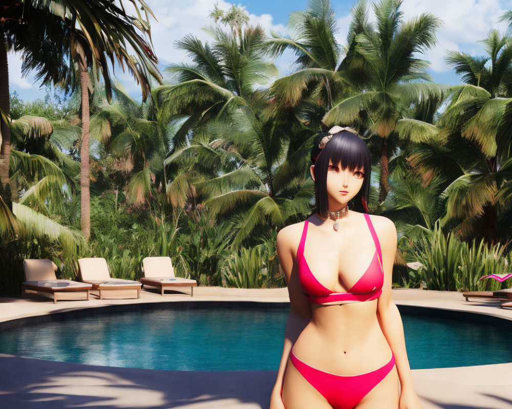 Woman in Red Bikini by Pool Surrounded by Tropical Vegetation
