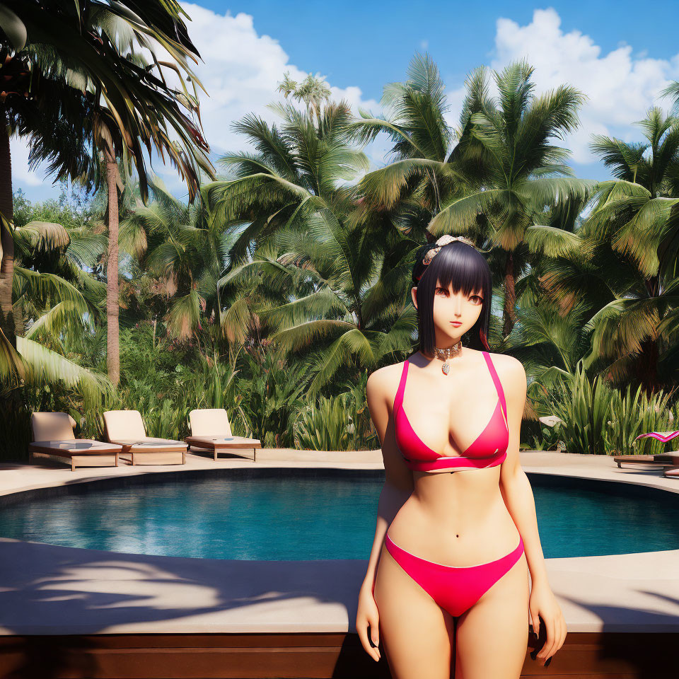 Woman in Red Bikini by Pool Surrounded by Tropical Vegetation