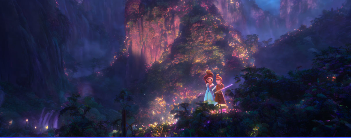 Animated character in glowing, magical forest with waterfalls and luminous creatures