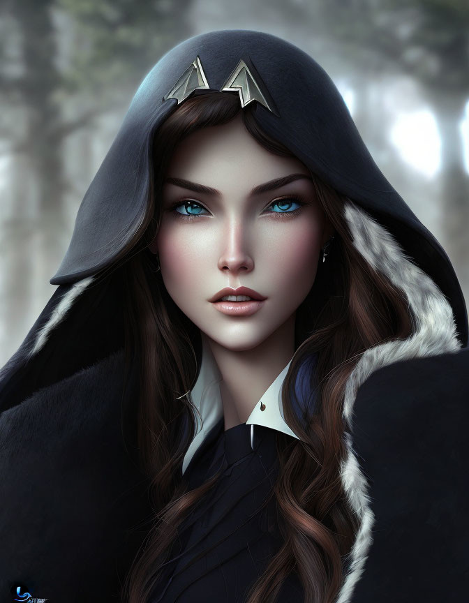 Digital portrait of woman with blue eyes and dark hair in hooded cloak with white fur trim.