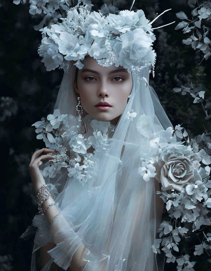 Elaborate floral headpiece and sheer veil on woman in dark foliage.