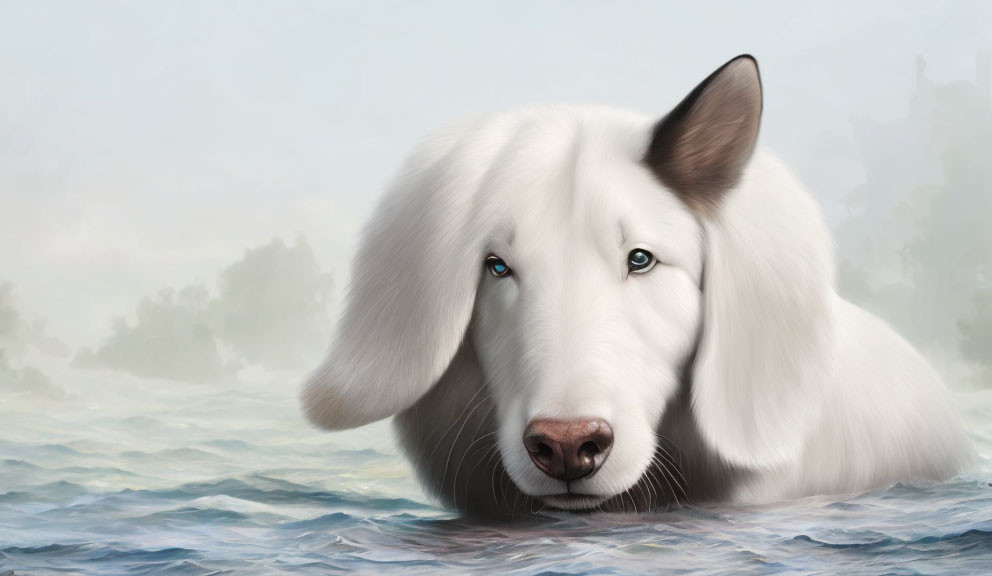 White Dog with Blue Eyes in Misty Blue Skies and Ocean Waves