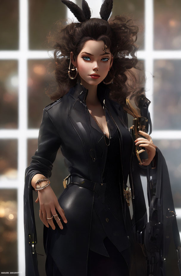 Stylized female character with rabbit ears in black leather outfit holding a gun