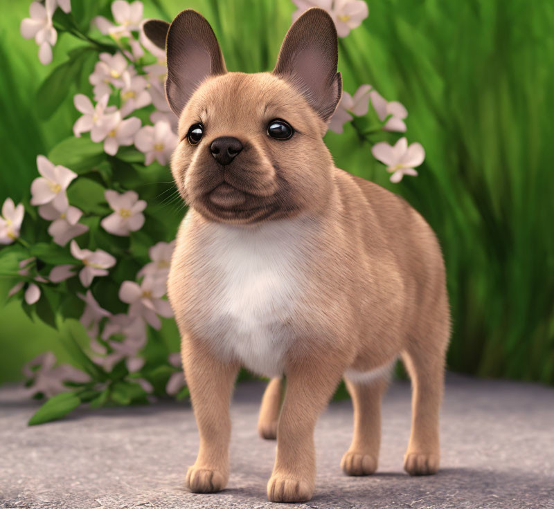 Cartoon Puppy with Large Ears Among Blooming Flowers