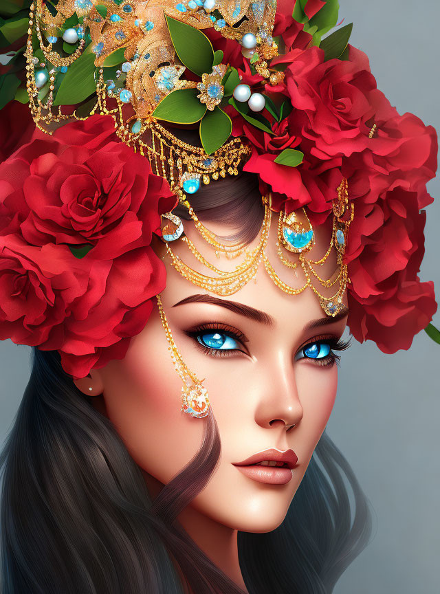 Digital artwork featuring woman with blue eyes and floral headpiece