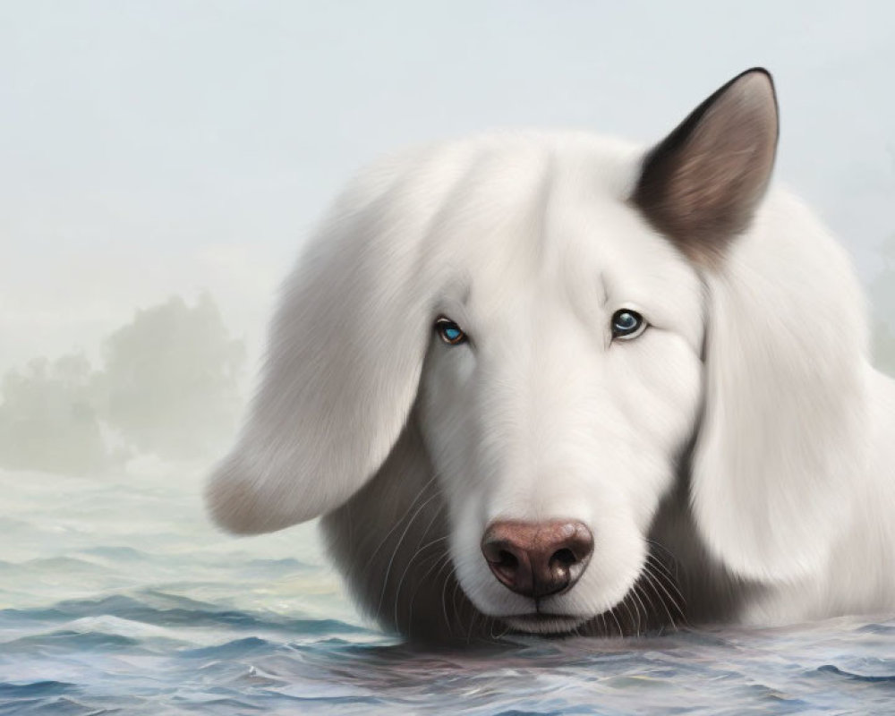 White Dog with Blue Eyes in Misty Blue Skies and Ocean Waves