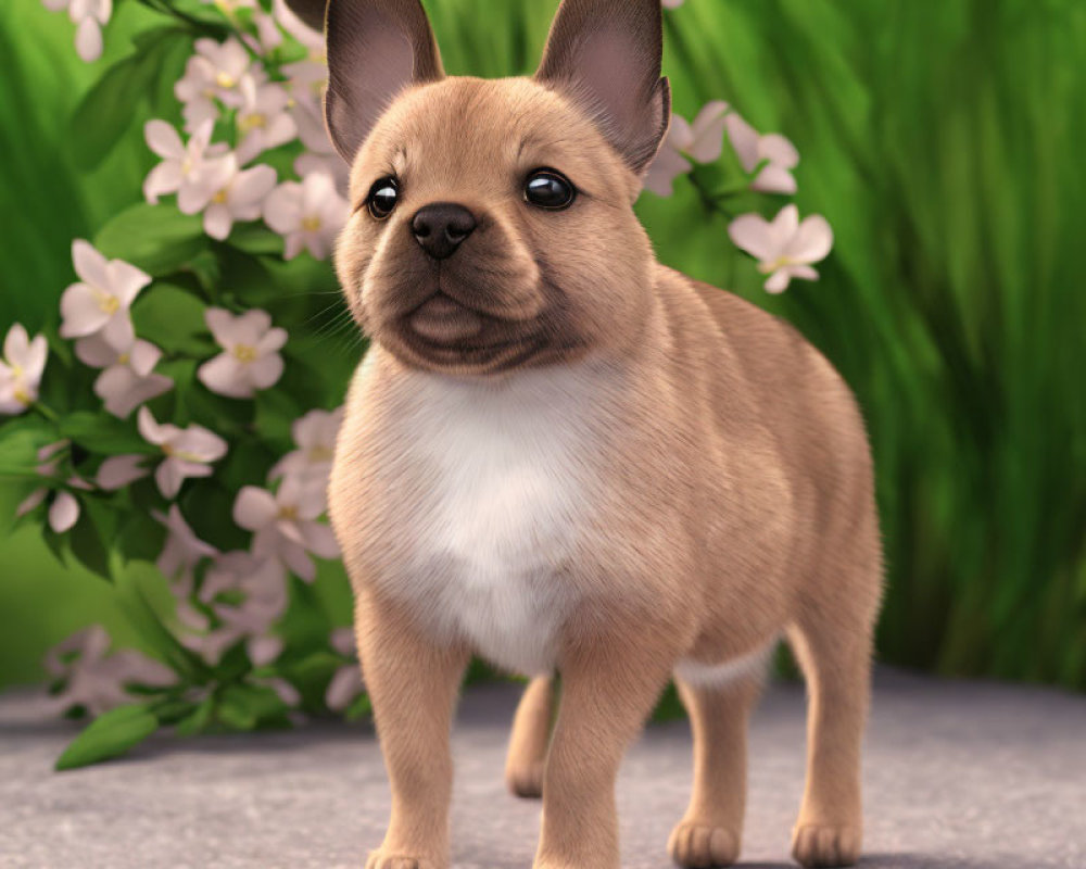 Cartoon Puppy with Large Ears Among Blooming Flowers