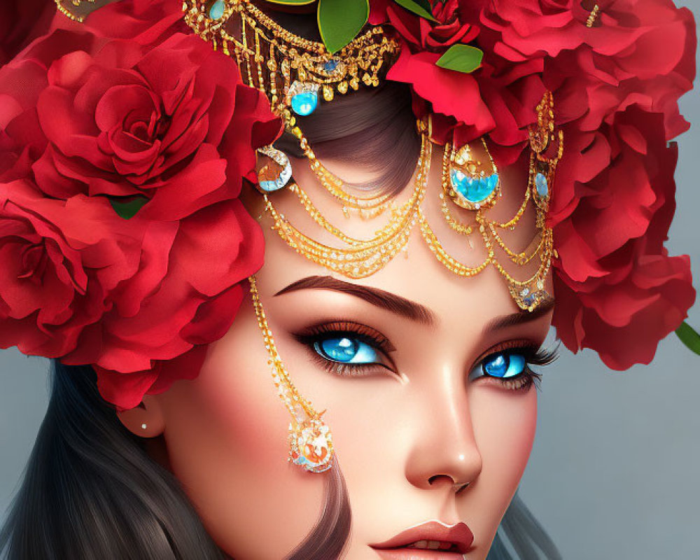 Digital artwork featuring woman with blue eyes and floral headpiece