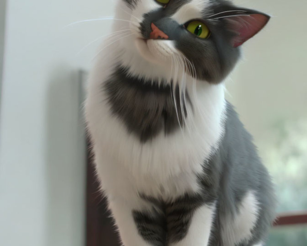 Grey and White Cat with Green Eyes on Wooden Surface in 3D Render