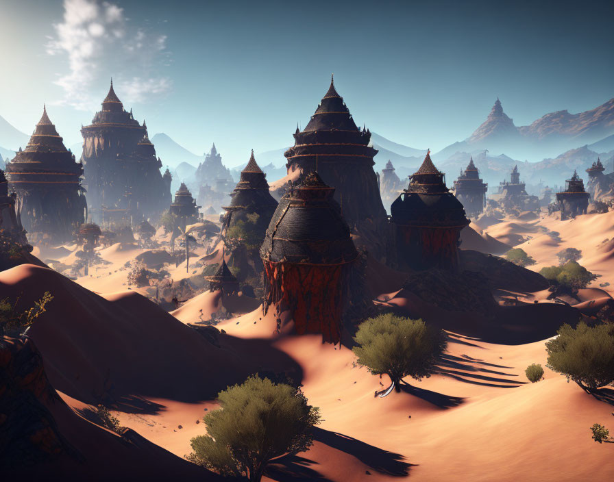 Fantastical desert landscape with towering spire-topped buildings in clear blue sky