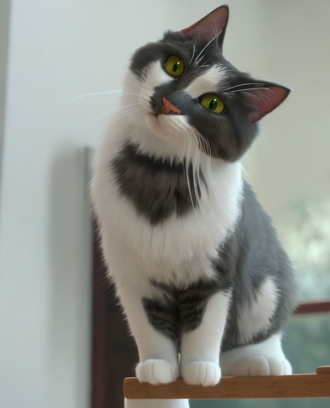 Grey and White Cat with Green Eyes on Wooden Surface in 3D Render