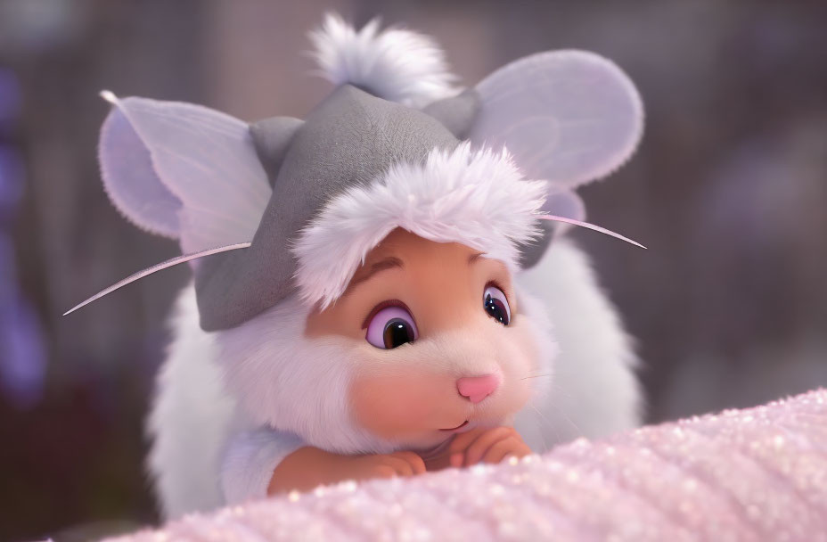 Animated Rabbit in Grey Mouse Hat on Pink Surface