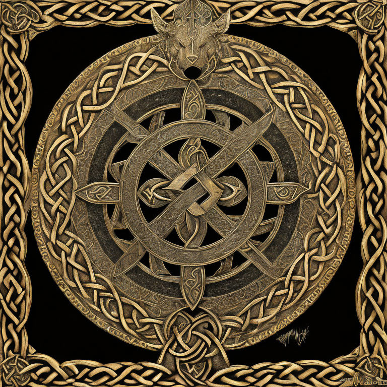 Circular Celtic knot design with triquetra and linked loops on black background