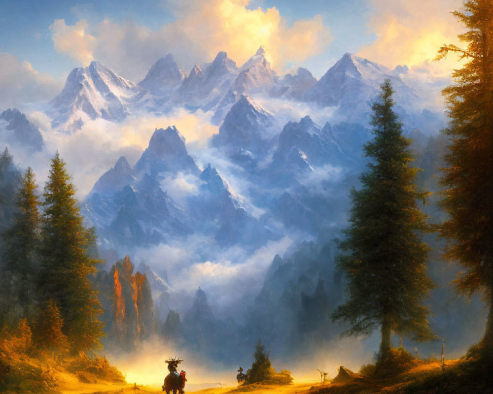 Two Horseback Riders in Sunlit Clearing Near Forest and Snow-Capped Mountains