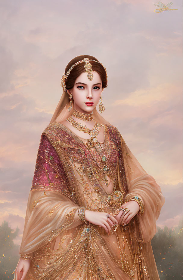 Illustrated woman in ornate golden attire with intricate jewelry against sunset backdrop