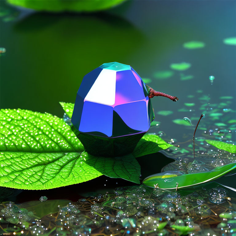 Colorful Geometric 3D Ball on Lily Pad with Water Droplets