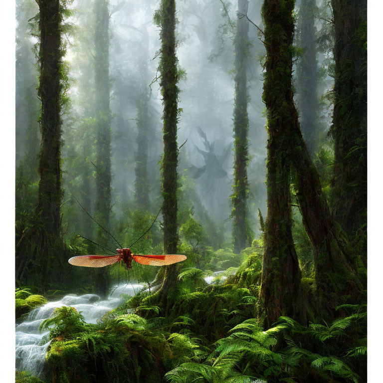 Giant dragonfly perched on lush greenery in misty forest scene