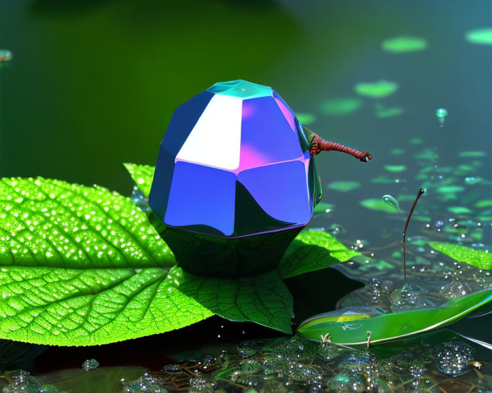 Colorful Geometric 3D Ball on Lily Pad with Water Droplets