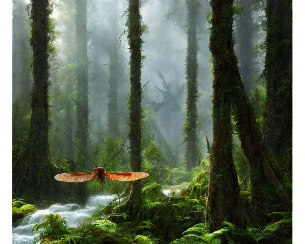 Giant dragonfly perched on lush greenery in misty forest scene