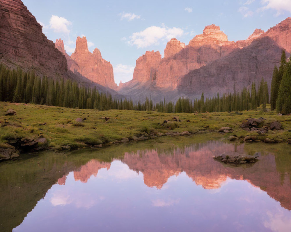 Twilight mountain landscape with reflective lake, pine trees, and rocky peaks