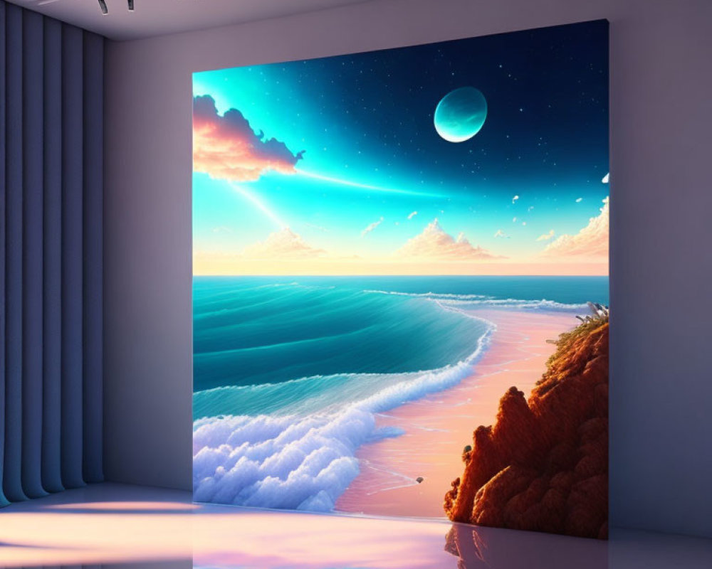 Vibrant surreal beach scene mural with waves and celestial sky