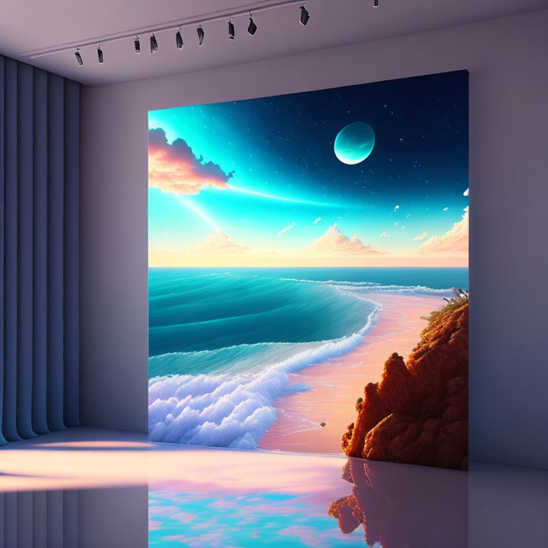 Vibrant surreal beach scene mural with waves and celestial sky