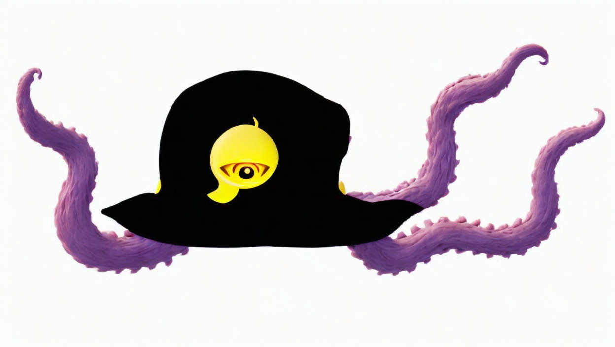 Stylized black hat with eye motif and purple tentacles on white background