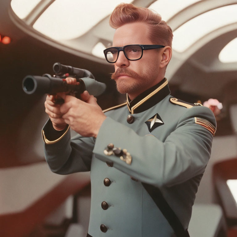 Futuristic military man with Starfleet insignia holding sci-fi pistol