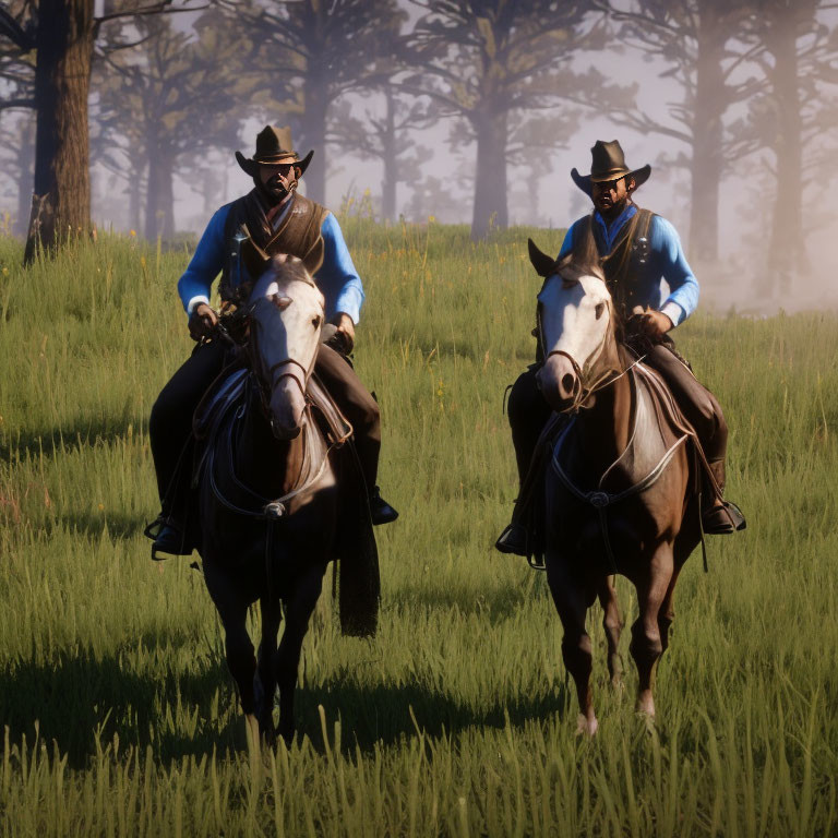 Cowboys on horses in field with trees wearing hats and period attire