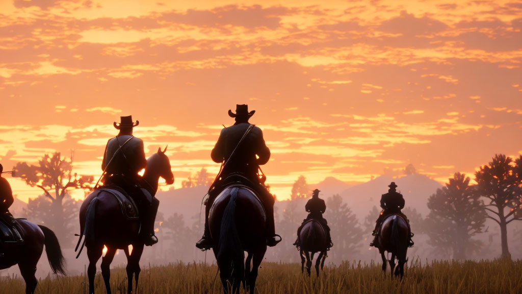 Four horse riders silhouetted against vibrant sunset with orange cloudy sky and trees on horizon.