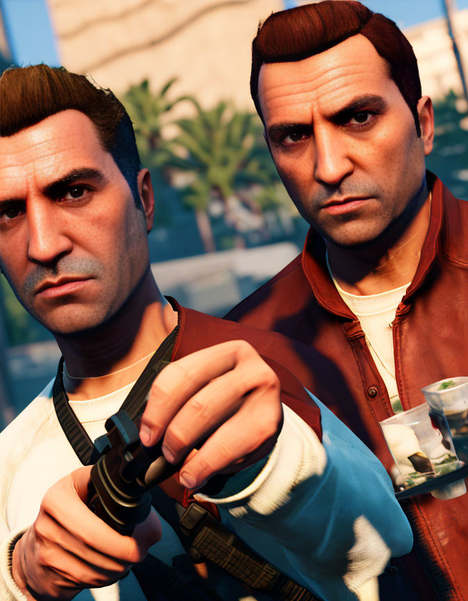 Two serious male characters in casual attire, one holding a detonator