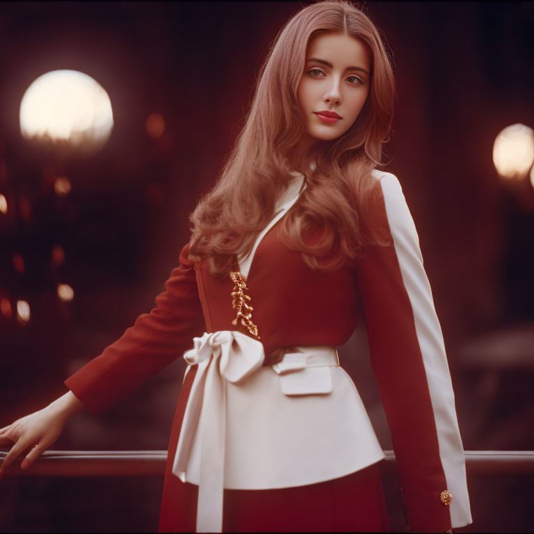 Woman in stylish red and white outfit leaning on rail in warm-toned setting