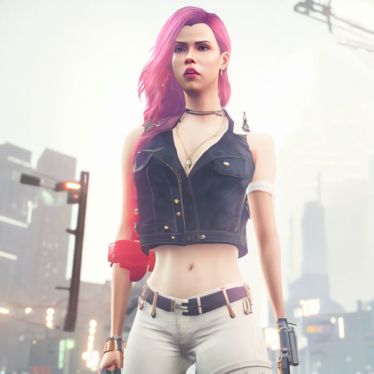 Digital illustration: Woman with pink hair, futuristic attire, and robotic arm in neon cityscape