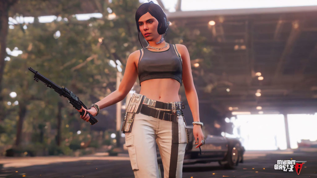 Digital artwork: Female character with dark hair, crop top, white pants, bullet belt, holding a