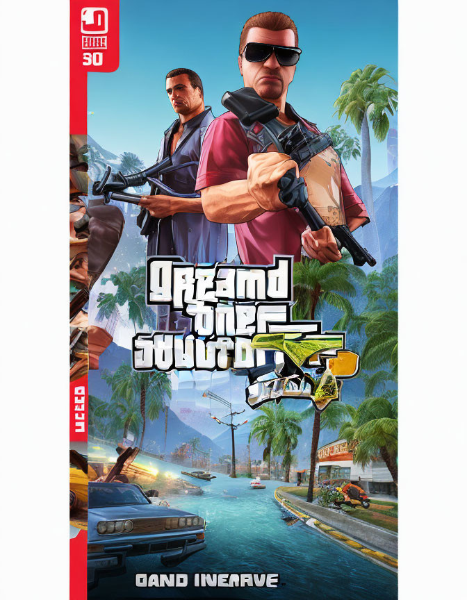 Stylized video game characters with firearms in tropical cityscape with sports car and speedboat