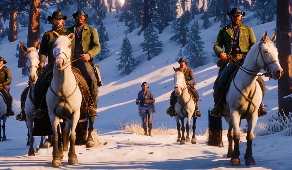 Animated characters in western attire on horseback in snowy forest setting