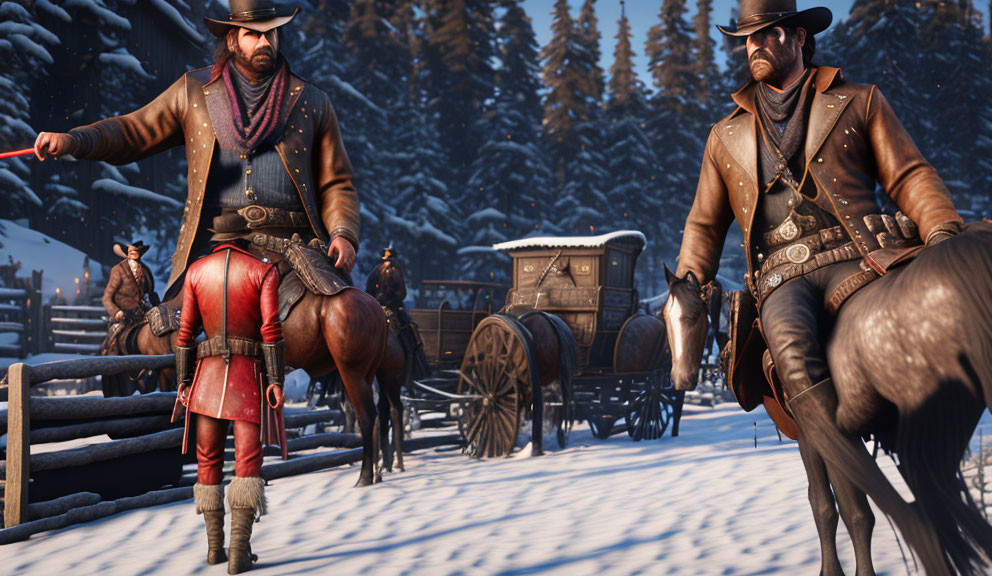 Cowboys on horseback in snowy scene with wooden fence and wagon.