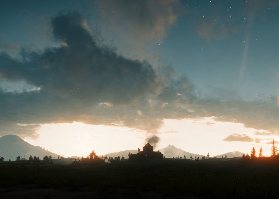 Tranquil dusk landscape with windmill silhouette, illuminated horizon, dark clouds, and comet in sky