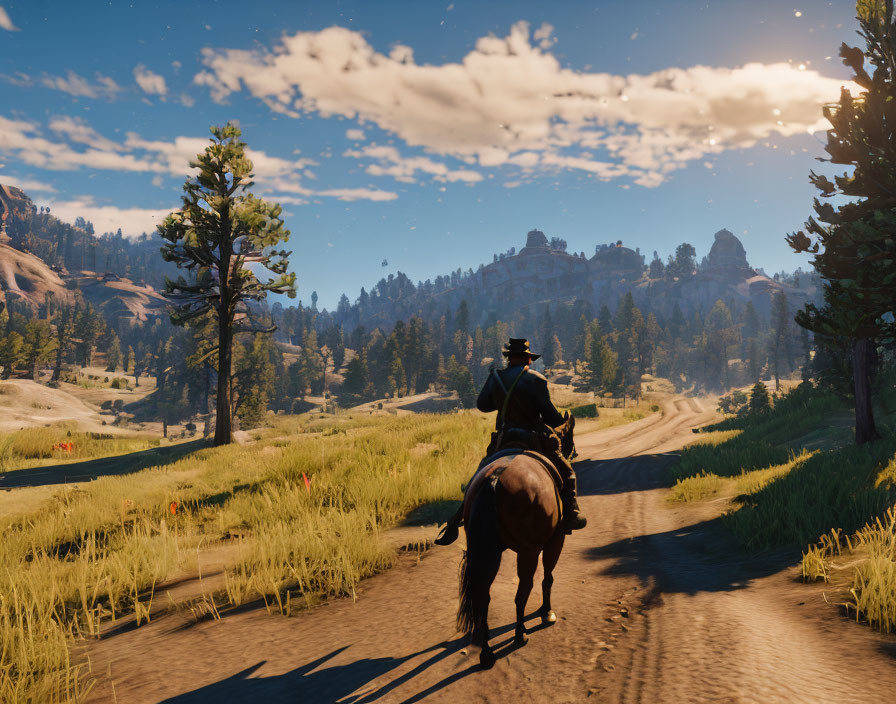 Cowboy hat character rides horse in scenic wild west landscape