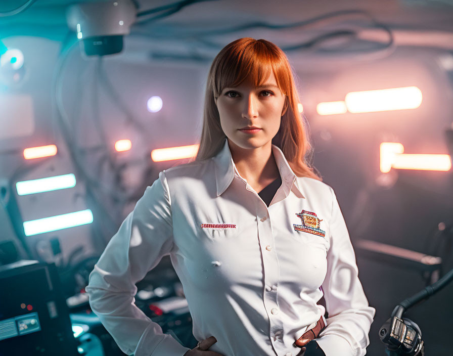 Female Officer in Futuristic Control Room with Badge on Uniform