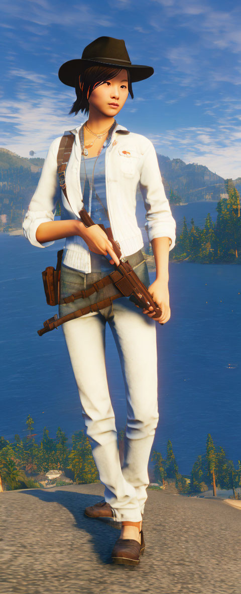 Female character in video game setting with white jeans, jacket, black hat, and crossbow