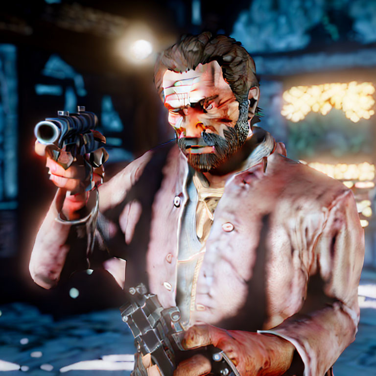 Muscular bearded character with futuristic glasses holding a handgun in a fire-lit background